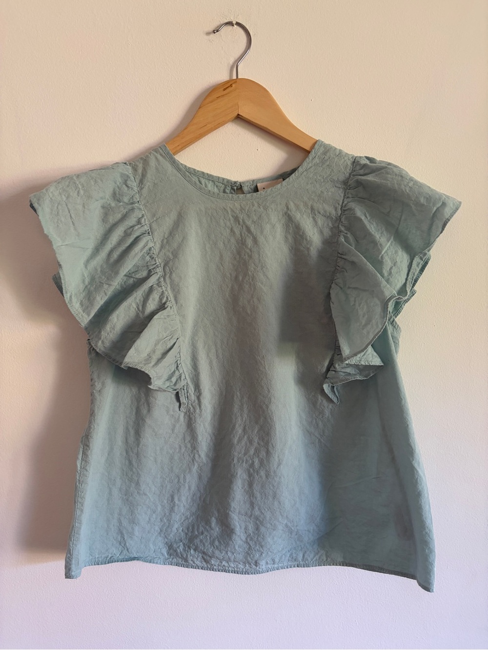 Cotton flutter sleeve top in soft blue green